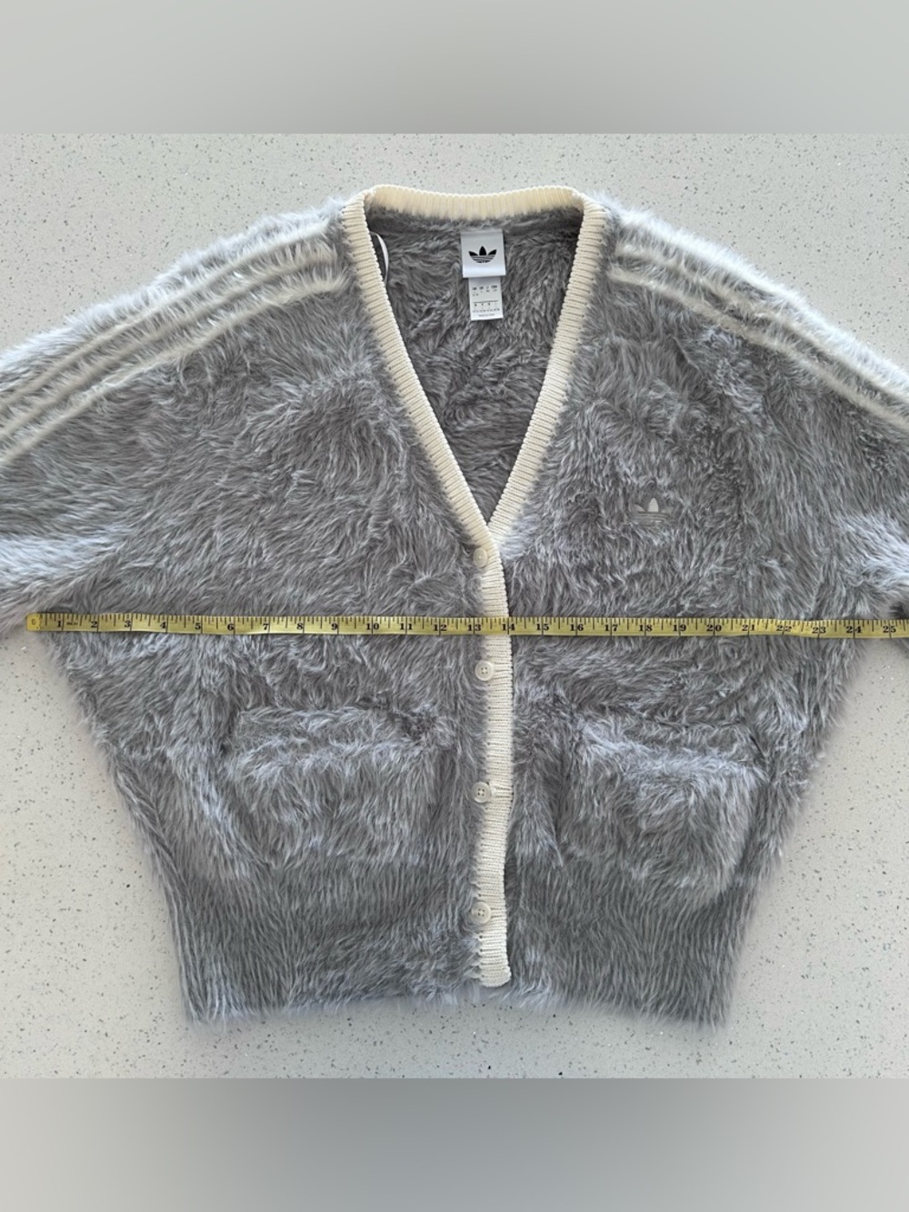 adidas Light Grey Fuzzy V-Neck Cardigan with Cream Trim Asia Exclusive US Large - Picture 13 of 14